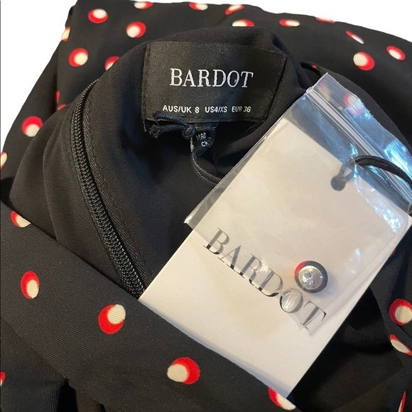 Bardot Dot Print Keyhole Tie Neck Blouson Slit Long Sleeve Lined Mini Dress - Picture 7 of 9